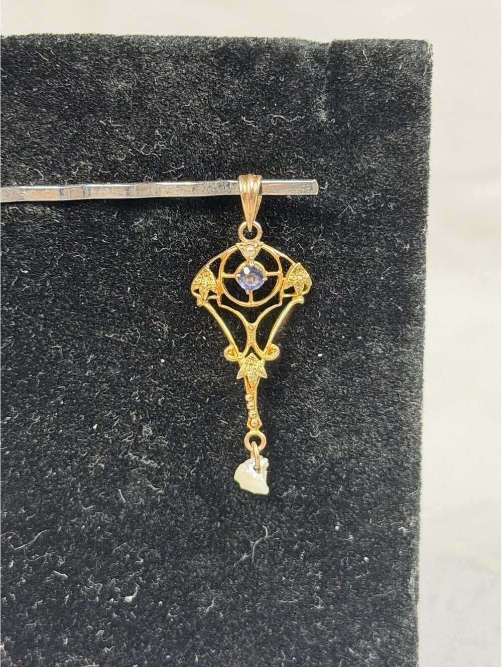 Antique Art Nouveau 10K Gold Blue Sapphire Pearl Lavaliere Pendant Estate Jewlry